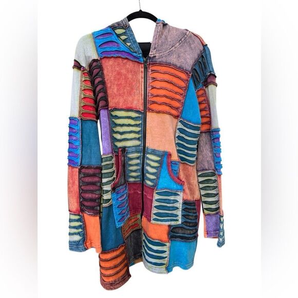 Women's 100% Cotton Hippie Patchwork Multi Color Tunic Zip Up Sweater Size XL - Picture 3 of 4